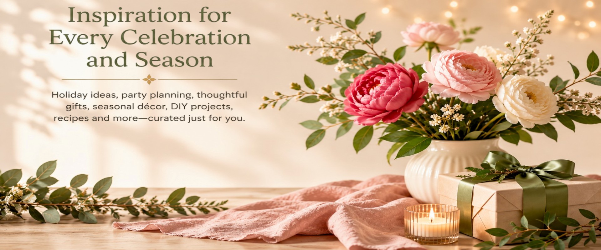 Elegant floral arrangement with a gift and candle creating a warm seasonal celebration scene for the Fesria homepage.
