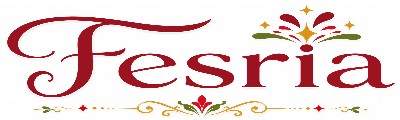 Fesria logo featuring an elegant festive wordmark with a decorative celebration icon in red, gold, and green.